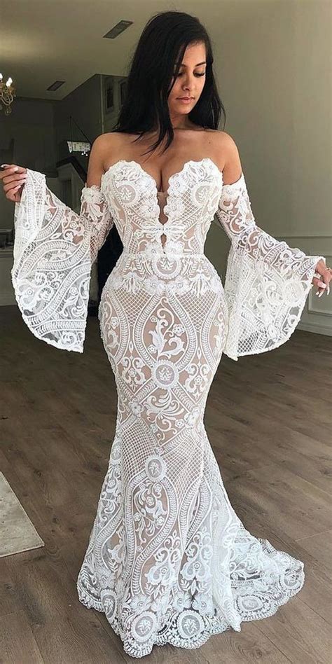 Sexy Mermaid White Lace Long Wedding Dress With Bell Sleeve Off The