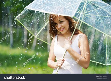 Beautiful Woman Umbrella During Rain Stock Photo 143410585