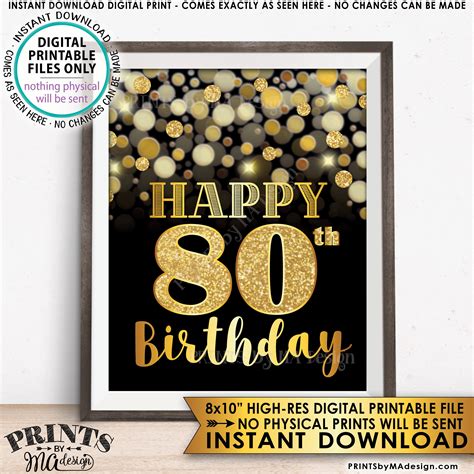 80th Birthday Sign Happy Birthday 80 Golden Birthday Card 80 Years Black And Gold Glitter 8x10