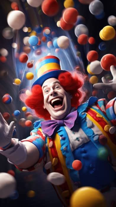 Juggling Bowling Pins A Fun Party Clown Smiles As Balloons And