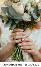 Hands Holding Bouquet Blooming Eustoma Background Stock Photo