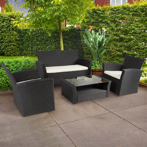 The patio furniture is the best choice for you to enjoy yourself with your friends or families in your garden, poolside, backyard or balcony. 4pc Outdoor Patio Garden Furniture Wicker Rattan Sofa Set Black