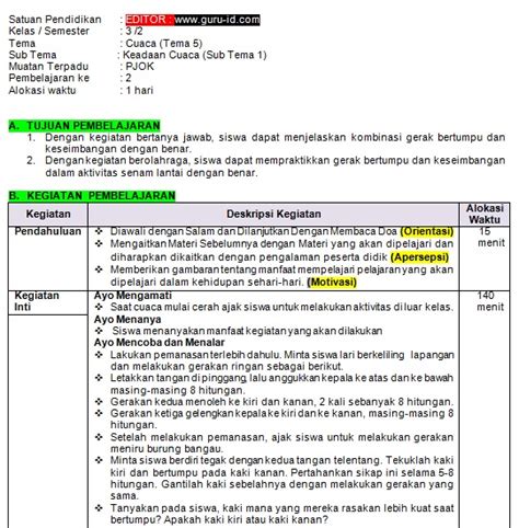 RPP PJOK SD Mi Satu Lembar K13 Kelas 1 Sd 6 K13 Semester 1 Dan 2 Revisi