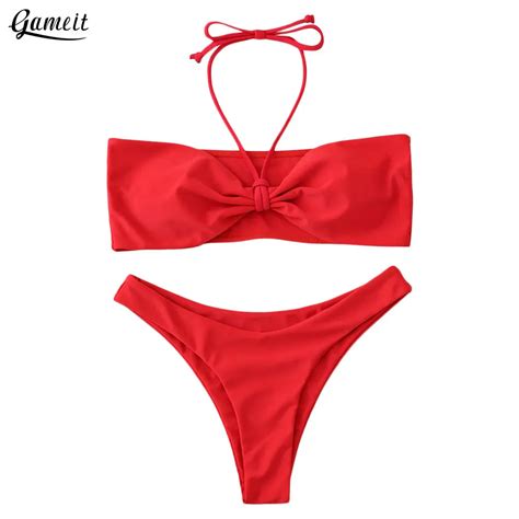 Gameit Strapless Bandeau Bikini Set Women Padded Sexy Swimwear Solid Red Brazilian Biquini Thong