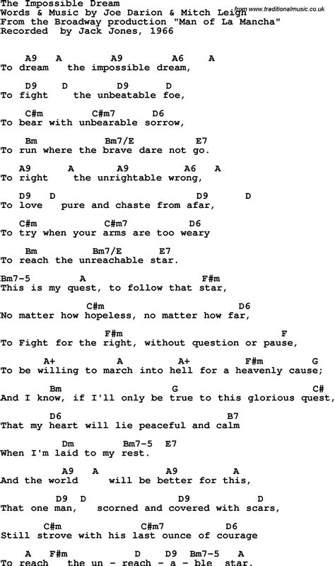 Song Lyrics With Guitar Chords For Impossible Dream Jack Jones 1966