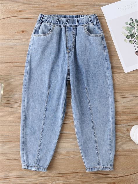 Light Wash Denim Plain Taperedcarrot Embellished Non Stretch Girls