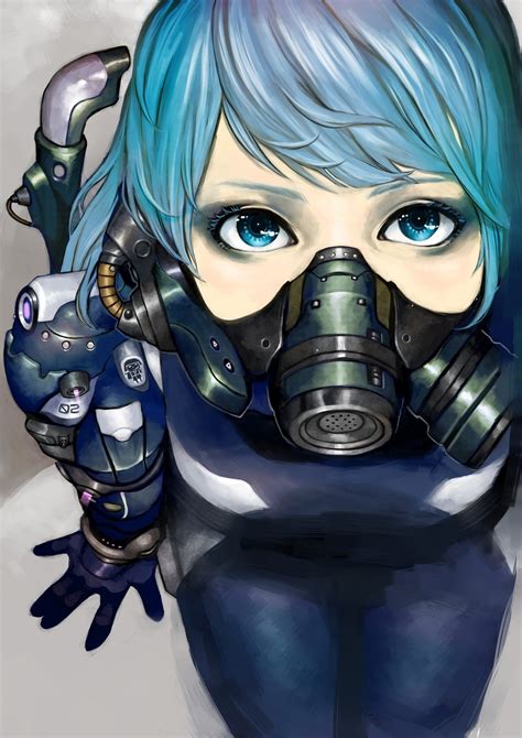 Blue Eyes Blue Hair Gas Masks Simple Background Anime