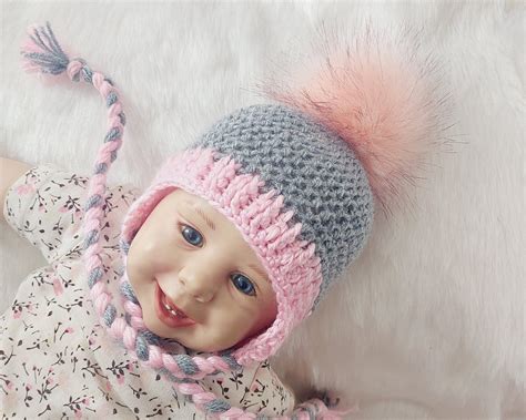 Gray And Pink Baby Girl Pom Pom Hat Crochet Baby Girl Earflap Hat
