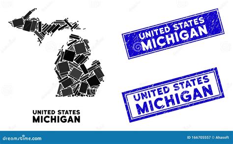 Mosaic Michigan State Map And Scratched Rectangle Seals Stock Vector