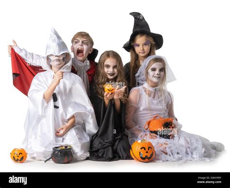 Group Of Children In Fancy Halloween Costume Dress Isolated On White