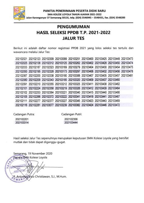 Contact adm staff on messenger. Pengumuman Hasil Seleksi Jalur Tes PPDB T.P 2021 - 2022 yang Dinyatakan Lolos Seleksi Tes ...