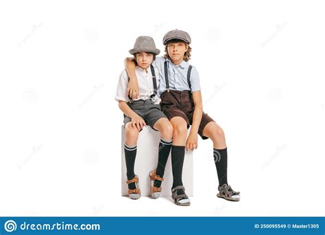 Two School Age Boys Stylish Kids Wearing Retro Clothes Posing Isolated