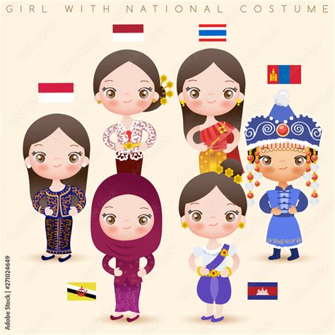 Girls In National Costumes Singapore Indonesia Thailand Mongolia