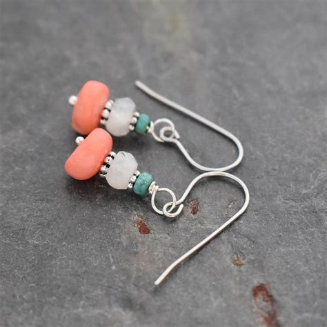 Turquoise Moonstone Pink Coral Earrings Wild Hare Gems