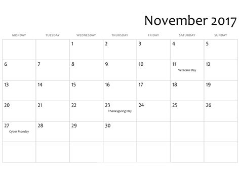 November 2017 Calendar Editable Oppidan Library