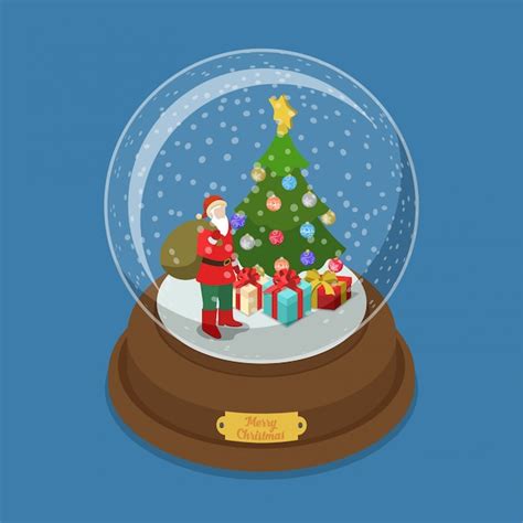 Merry Christmas Crystal Ball With Fir Tree And Santa Claus Isometric