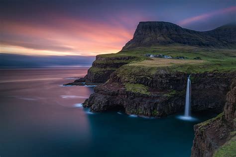 Hd Wallpaper Faroe Islands Waterfalls Rock Mountain Atlantic Ocean