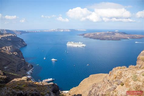 View Of Santorini Island And Harbor With Cruise Ship From Fira Greece