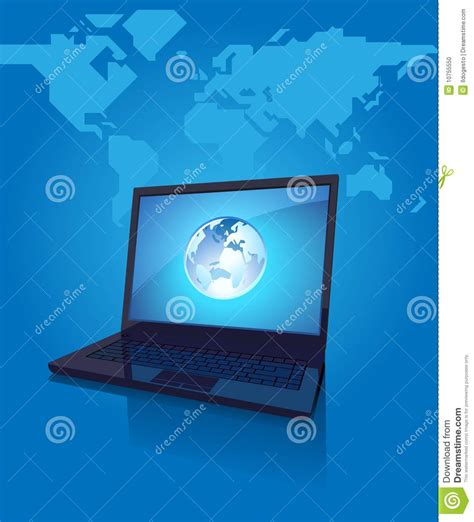 Laptop With Globe On Screen On Blue Background Stock Vector
