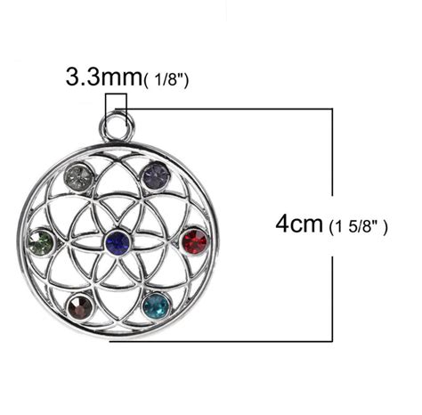 Seed Of Life 7 Chakras Rhinestone Activation Silver Colored Pendant