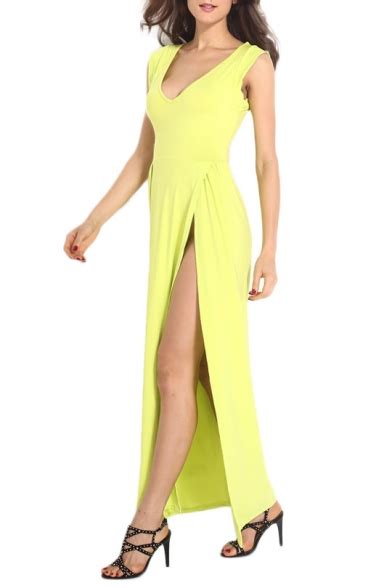 Plain V Neck Sleeveless Maxi Dress With Split Hem