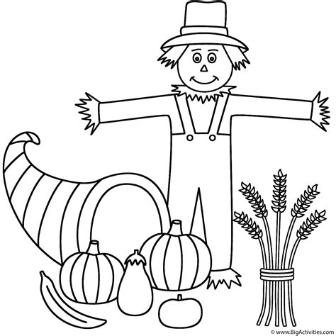 Which template for cute preschool coloring pages for fall will you color first? Horn of Plenty with scarecrow - Coloring Page (Thanksgiving)