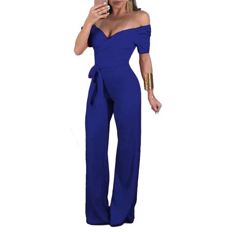 off the shoulder summer womens jumpsuits sexy long pant fitness romper night femme club deep v