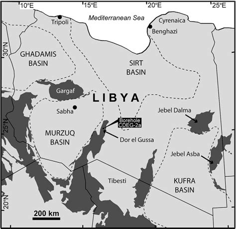 Map Of Libya Showing Surface Outcrops With Palaeozoic Rocks Dark Grey