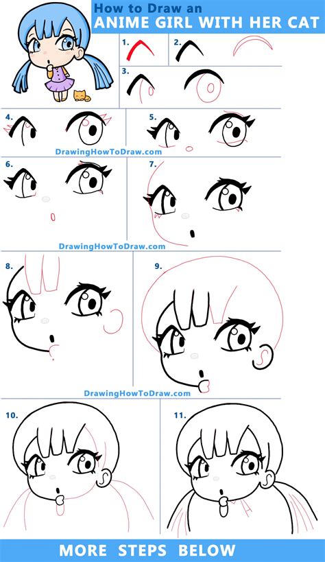 How To Draw A Cute Manga Anime Chibi Girl With Her Kitty Cat Easy
