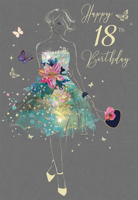 A Woman In A Dress With Butterflies On It And The Words Happy 18th Birthday Written Below