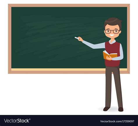 Young Male Teacher Is Writing Chalk On A School Blackboard Cartoon