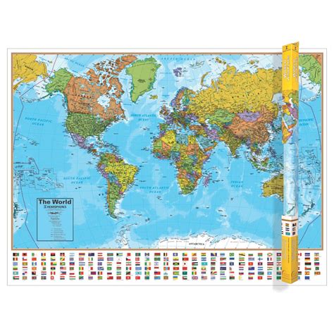 Waypoint Geographic Hemispheres Laminated World Wall Map W Blue Oceans