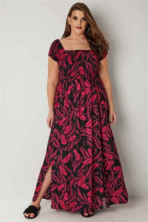 Black And Pink Tropical Leaf Print Shirred Maxi Dress Plus Size 16 To 36
