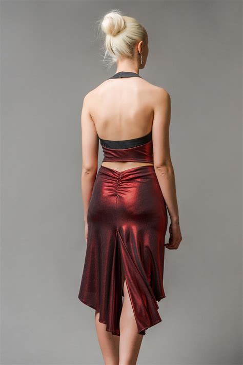 New Metallic Red Shiny Elegant Tango Dress Features Front And Back Slits Ruched Details And