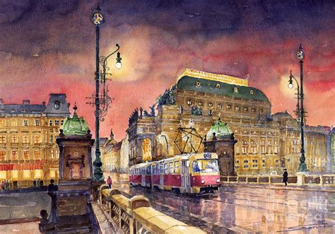 Prague Night Tram National Theatre Painting By Yuriy Shevchuk Pixels