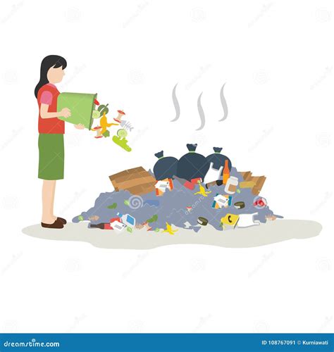 Woman Throw Trash Into Pile Of Garbage Stock Vector Illustration Of