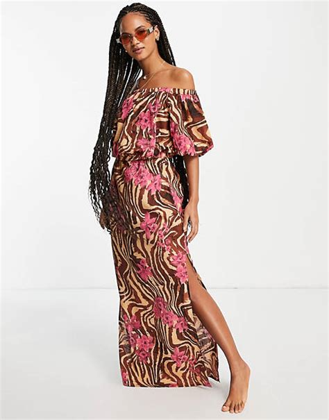 Asos Design Off Shoulder Maxi Beach Dress In Zebra Tropical Asos