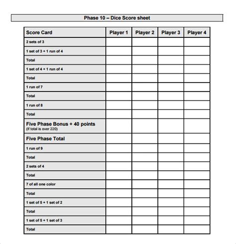 Printable Phase Score Sheet