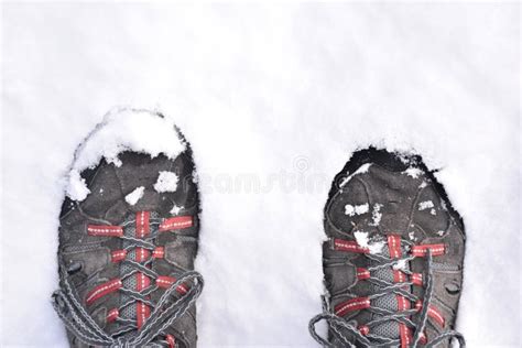 Pies En Botas De Senderismo Pisando La Nieve Imagen De Archivo