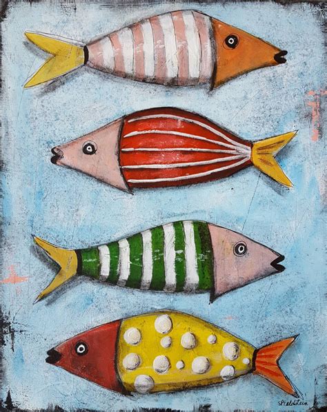 Whimsical Fish Painting 16x20 Original Mixed Media Fish Etsy Fish