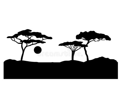 African Sunset Silhouette Vector Black Landscape Scene With Tree