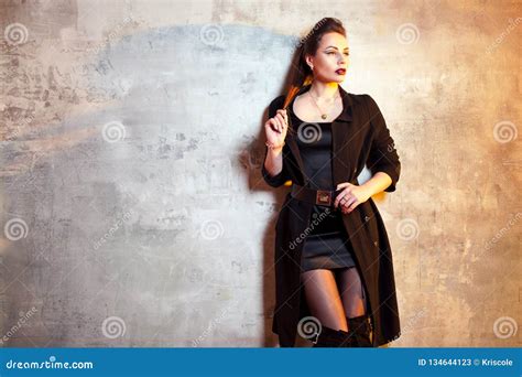 Stylish And Daring Brunette In Black Portrait Stock Image Image Of