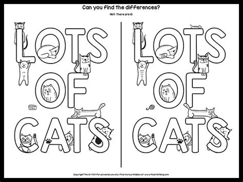Cute Spot The Differences Cat Coloring Page Worksheet Free The Art Kit