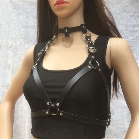 sexy women punk rock halterneck choker gothic leather harness suspenders body bondage cage
