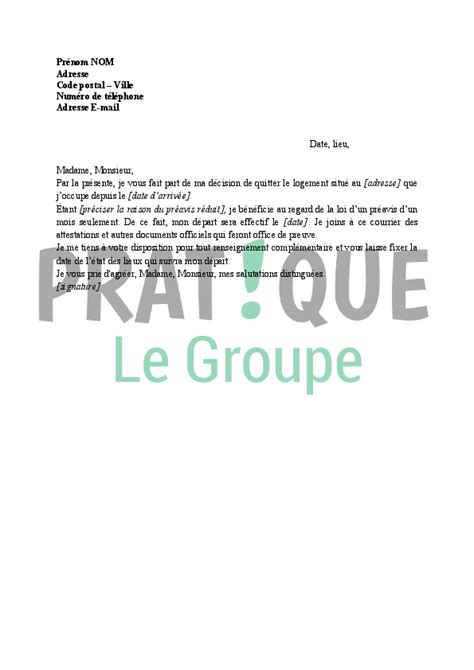 Le préavis de départ de 3 mois concerne les locataires de logements loués vides, qui n'habitent pas en zones. Lettre résiliation de bail avec 1 mois de préavis ...