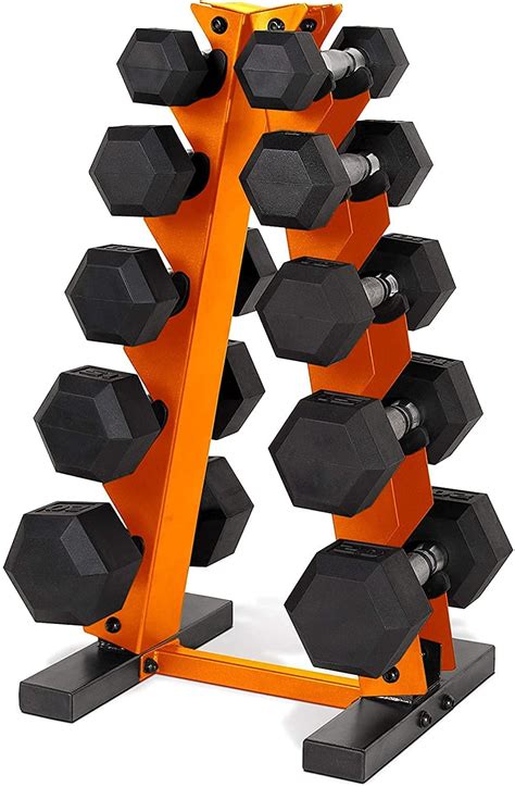Wf Athletic Supply 5 25lb Rubber Coated Hex Dumbbell Set With A Frame Storage Rack Non Slip Hex