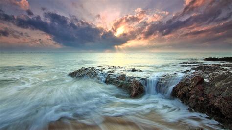 1920x1080 Beach Sea Dawn Dusk Landscape Ocean Rocks Sunlight Laptop