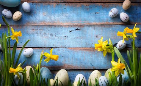 Art Easter Background With Easter Eggs And Spring Flowers Stock Image