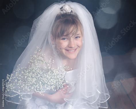 Very Young Bride Wedding White Dress Luxury Veil Happy Smile