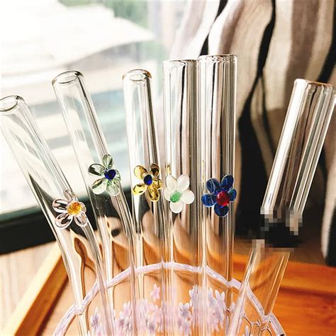 10pcs creative flower straw glass reusable drinking straws glass straw set bent curved coffee